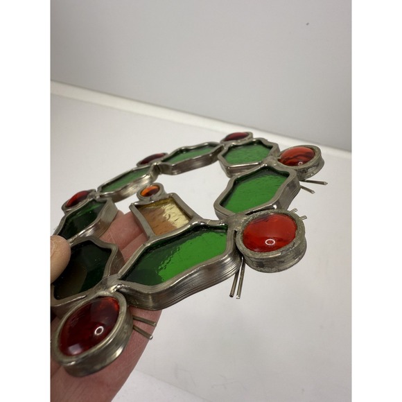 4" Holly Wreath Stained Glass Sun Catcher Christmas Holiday Vintage Hand Made - Picture 5 of 7